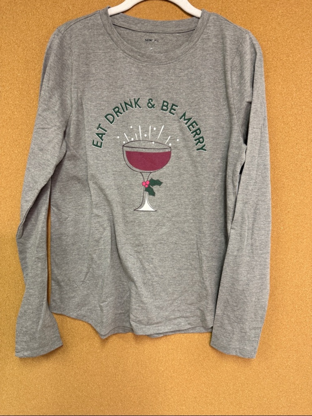 Sonoma Gray Long Sleeve Tee with Festive Wine Glass Graphic